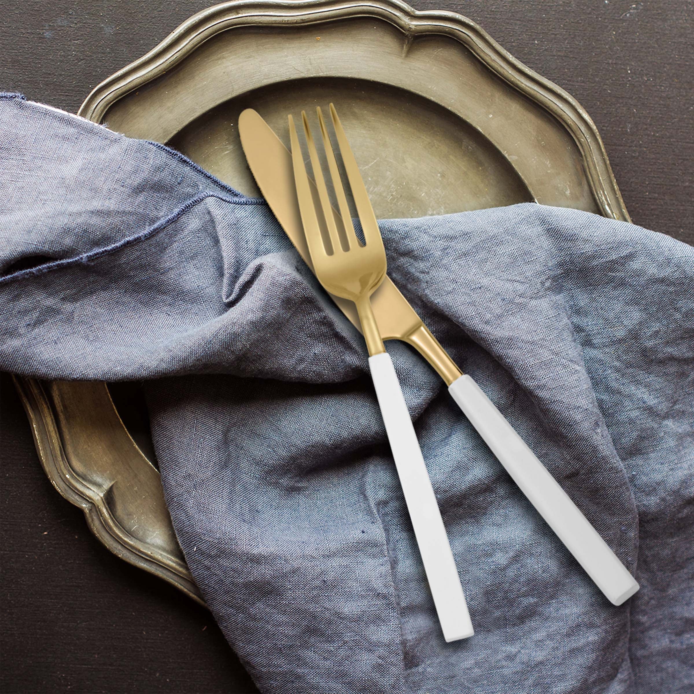 Marion Gold with White Enamel Handle 5 Piece Place Setting